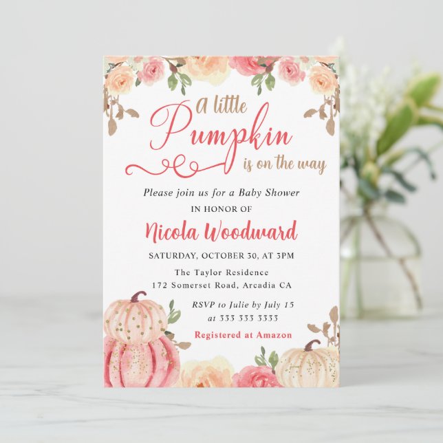 Invitación Ducha de bebé de calabazas florales de otoño con a (Anverso de pie)
