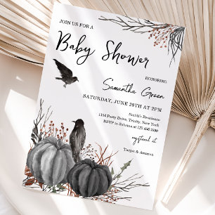 Invitación Ducha de Bebé de Calabazas Negras y Pájaros