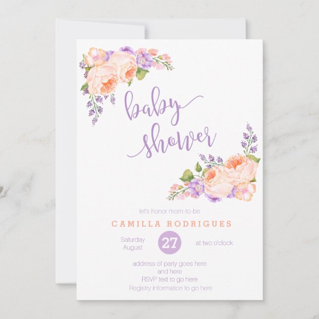 Invitación Ducha de bebé de caligrafía, durazno de lilac (Anverso)