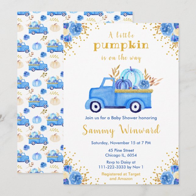 Invitación Ducha de bebé de camioneta azul de otoño de calaba (Anverso / Reverso)