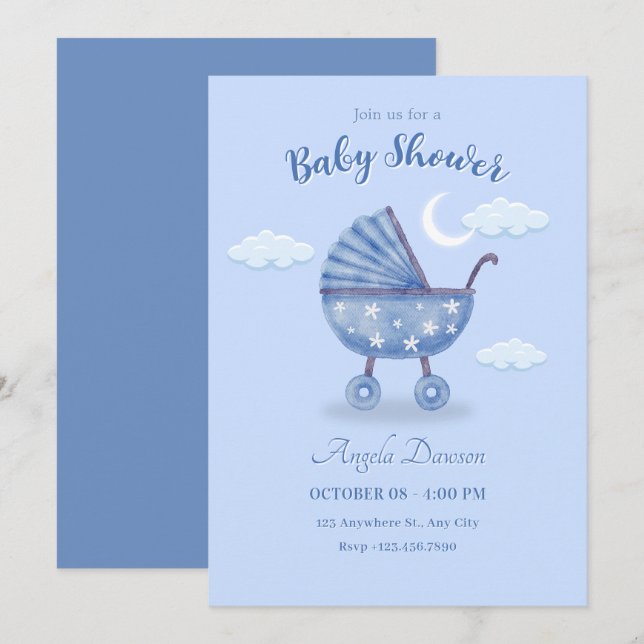 Invitación Ducha de bebé de carro azul (Anverso / Reverso)