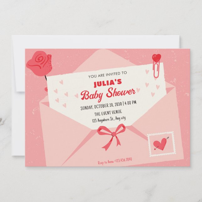 Invitación Ducha de bebé de carta adorable rosa (Anverso)