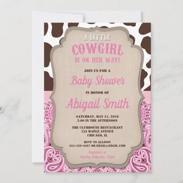 Invitación Ducha de bebé de chica rosa occidental y marrón (Anverso)