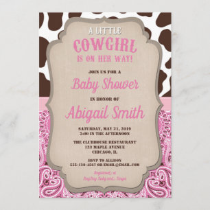 Invitación Ducha de bebé de chica rosa occidental y marrón