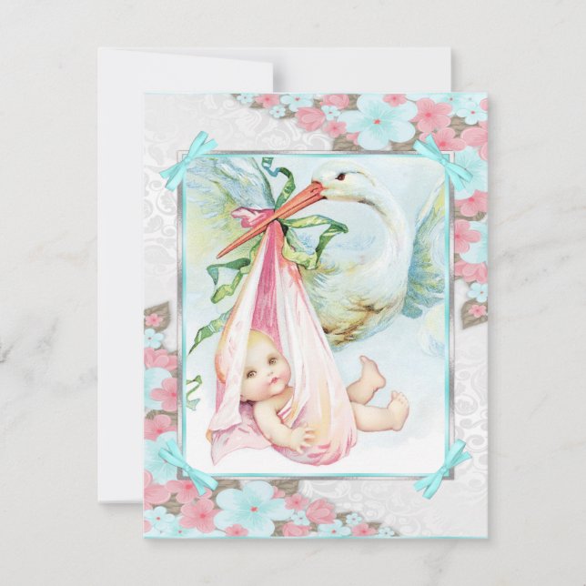 Invitación Ducha de bebé de cigüeña azul turquesa y rosa (Anverso)