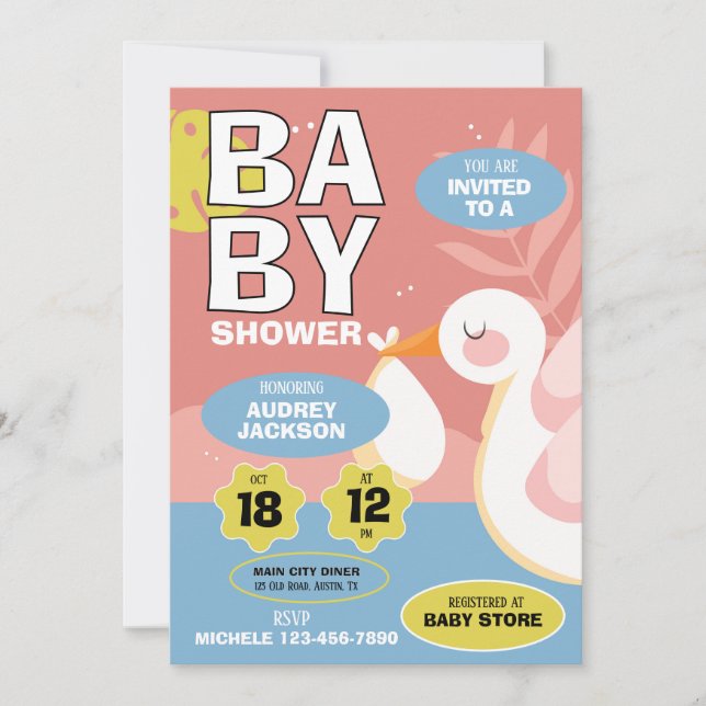 Invitación Ducha de bebé de cigüeña linda (Anverso)