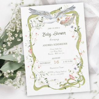 Invitación Ducha de bebé de cinta de flor silvestre de cigüeñ