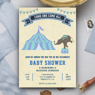 Invitación Ducha de bebé de circo Vintage Blue Carnival