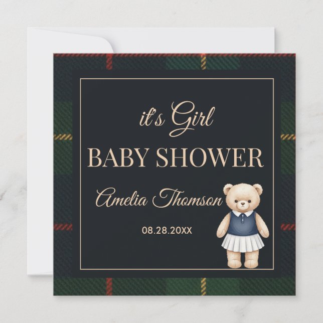 Invitación Ducha de bebé de clásico oso de peluche a cuadros  (Anverso)