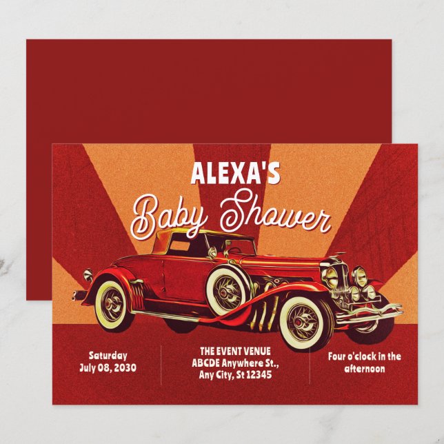 Invitación Ducha de bebé de coche clásico retro rojo (Anverso / Reverso)
