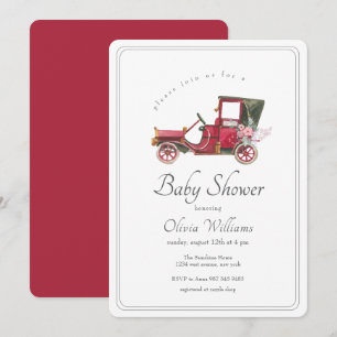 Invitación Ducha de bebé de coche clásico rojo de flor silves