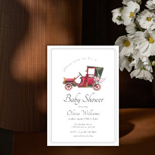 Invitación Ducha de bebé de coche clásico rojo de flor silves