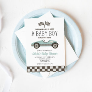 Invitación ducha de bebé de coche de carreras azul