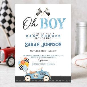 Invitación Ducha de bebé de coche de carreras azul Oh Boy