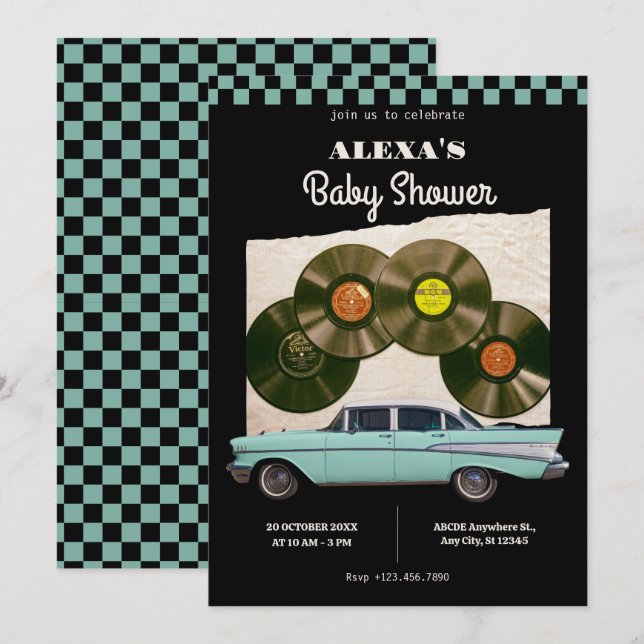 Invitación ducha de bebé de coche retro clásico (Anverso / Reverso)