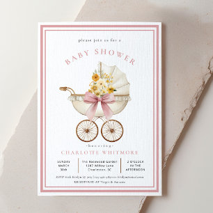 Invitación Ducha de Bebé de Cochecito Vintage   Florales Rosa