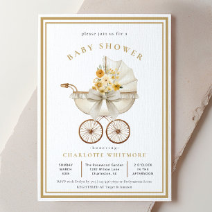 Invitación Ducha de Bebé de Cochecito Vintage   Flores de Mar
