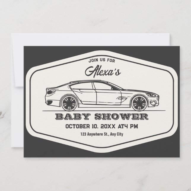 Invitación Ducha de bebé de coches retro de época (Anverso)