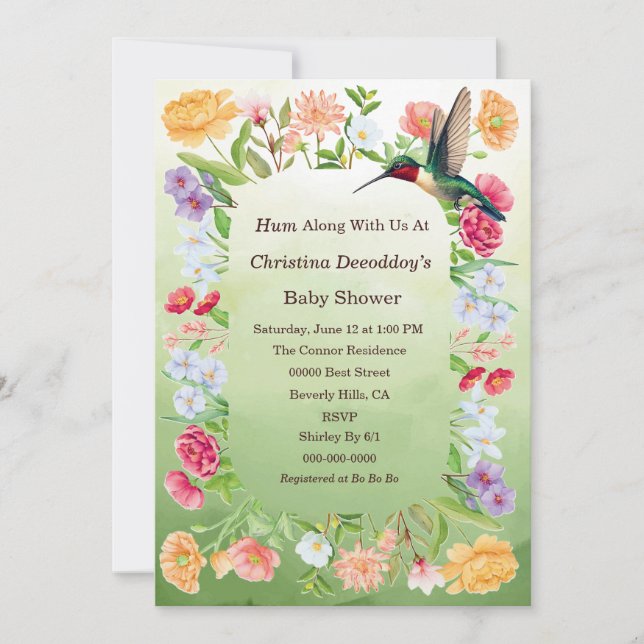 Invitación Ducha de Bebé de Colibrí y Flores en Acuarela (Anverso)