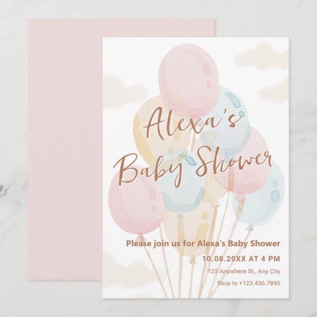 Invitación Ducha de bebé de color azul pastel (Anverso / Reverso)