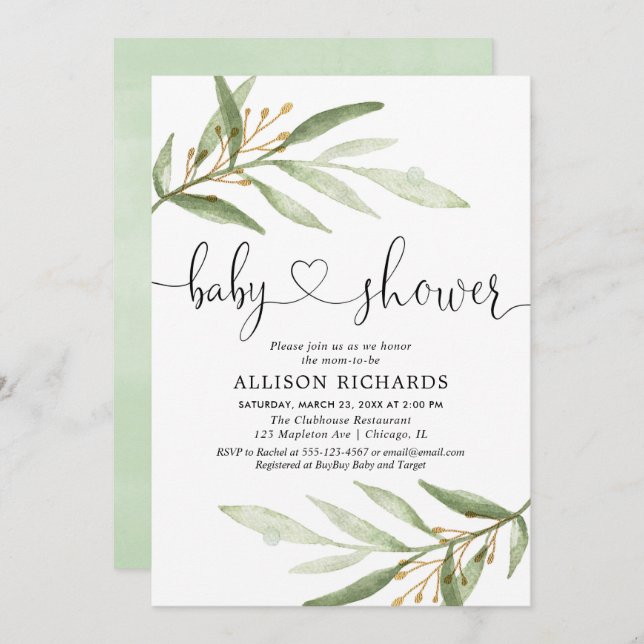 Invitación Ducha de bebé de color verde verde neutro (Anverso / Reverso)