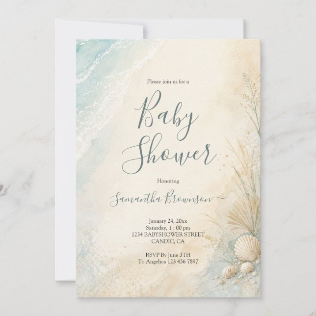 Invitación Ducha de bebé de conchas marinas costeras arenosas (Anverso)