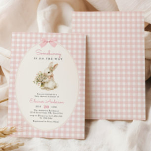 Invitación Ducha de bebé de conejito con gingham rosa