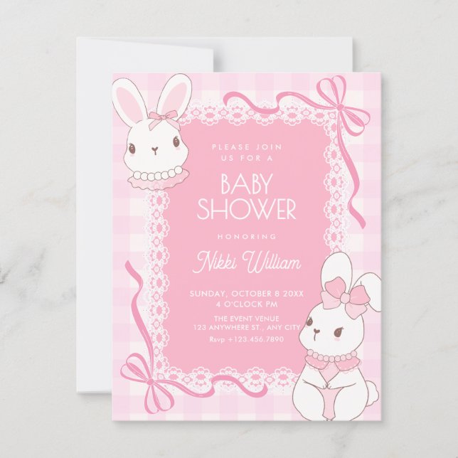 Invitación Ducha de bebé de conejito con lazo rosa lindo (Anverso)
