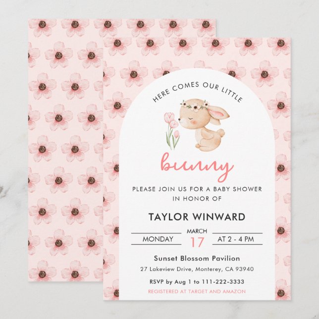 Invitación Ducha de bebé de conejito de primavera floral (Anverso / Reverso)