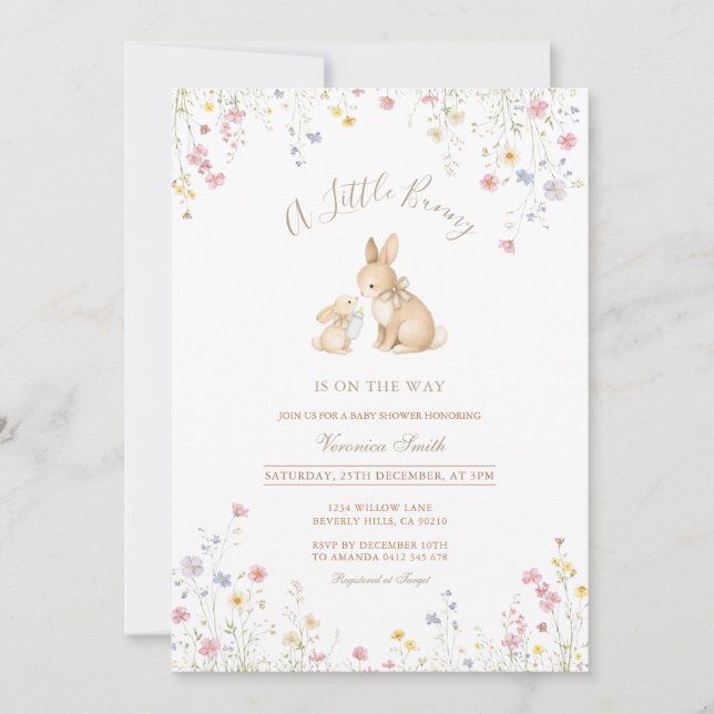 Invitación Ducha de bebé de conejito en pradera de flores sil (Anverso)