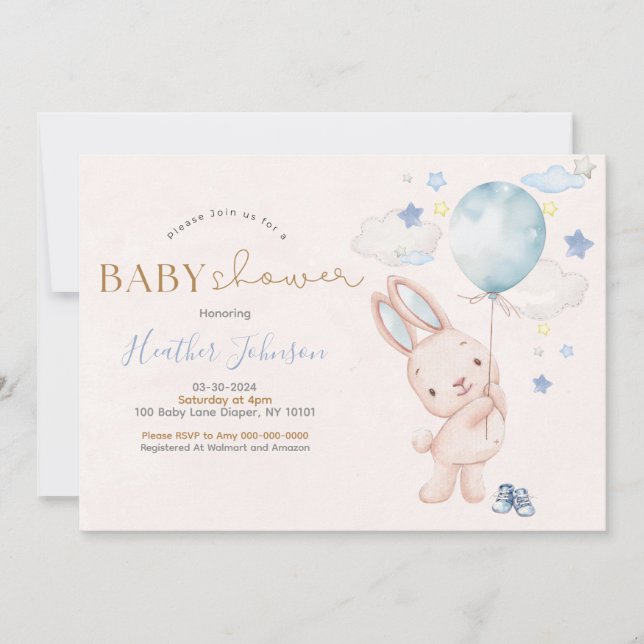 Invitación Ducha de bebé de conejito niño (Anverso)