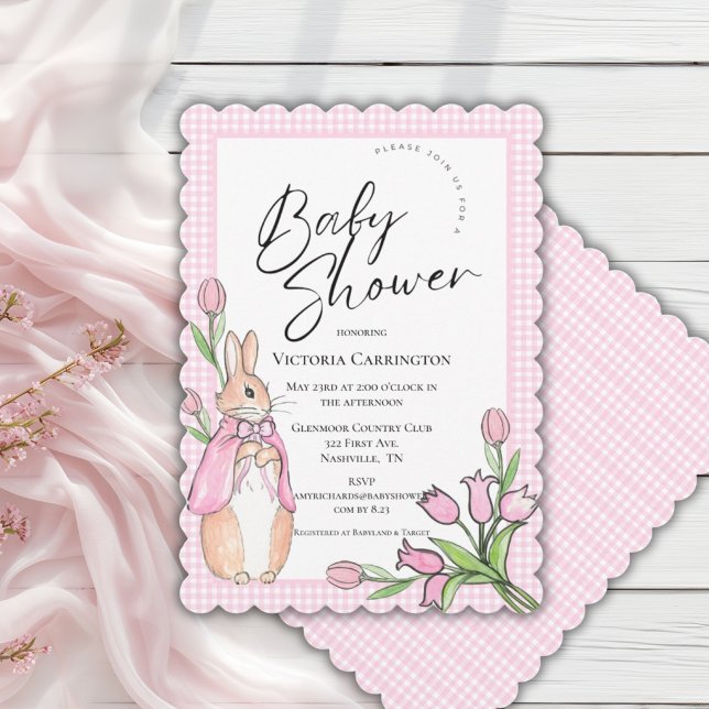 Invitación Ducha de bebé de conejito rosa a cuadros (Subido por el creador)