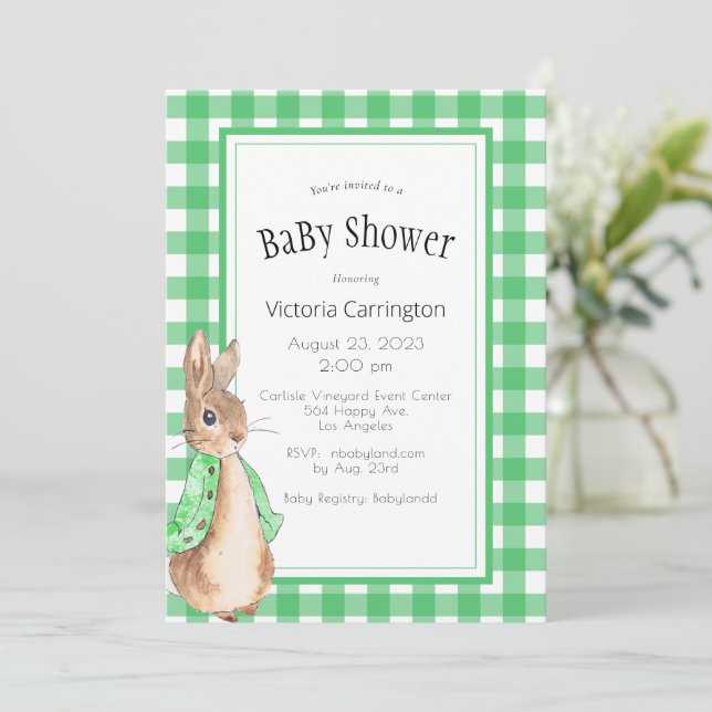 Invitación Ducha de bebé de conejo Bunny de gingham verde (Anverso de pie)