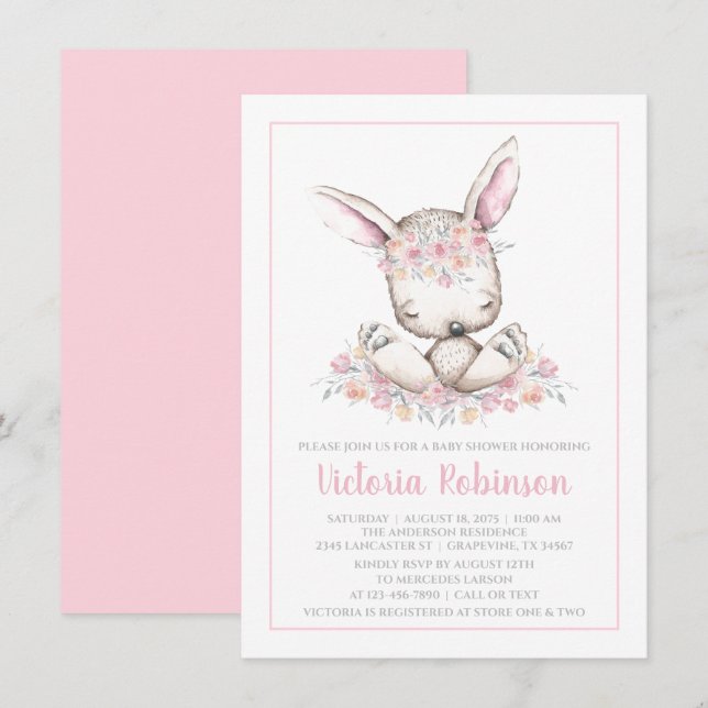 Invitación Ducha de bebé de conejo Bunny rosa (Anverso / Reverso)