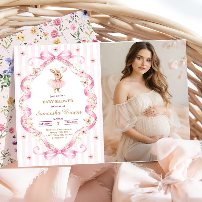 Invitación Ducha de Bebé de Conejo con Lazo Rosa a Cuadros (Subido por el creador)