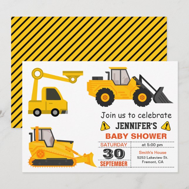 Invitación Ducha de Bebé de Construcción con Bulldozer (Anverso / Reverso)