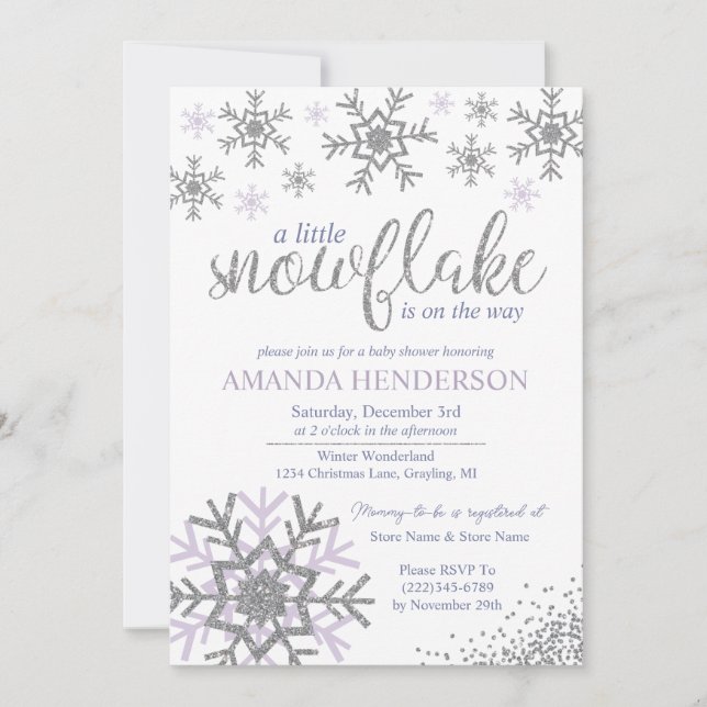 Invitación Ducha de bebé de copo de nieve de lavanda de invie (Anverso)