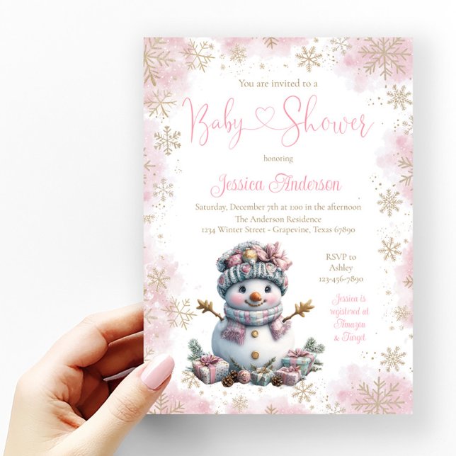 Invitación Ducha de bebé de copo de nieve de oro rosa (Girl snowman baby shower invitation with pretty pink and gold snowflakes.)