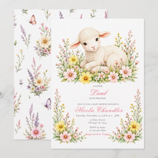 Invitación Ducha de bebé de Corderito (Anverso / Reverso)