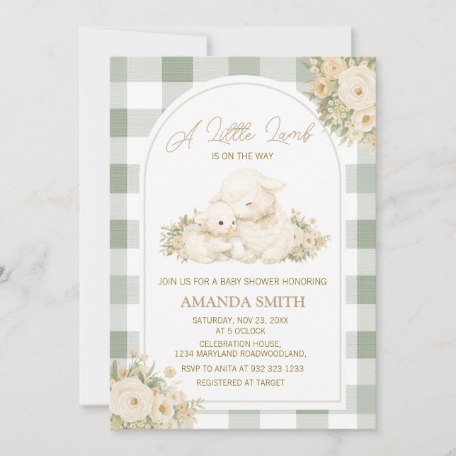 Invitación Ducha de bebé de corderito con gingham verde salvi (Anverso)