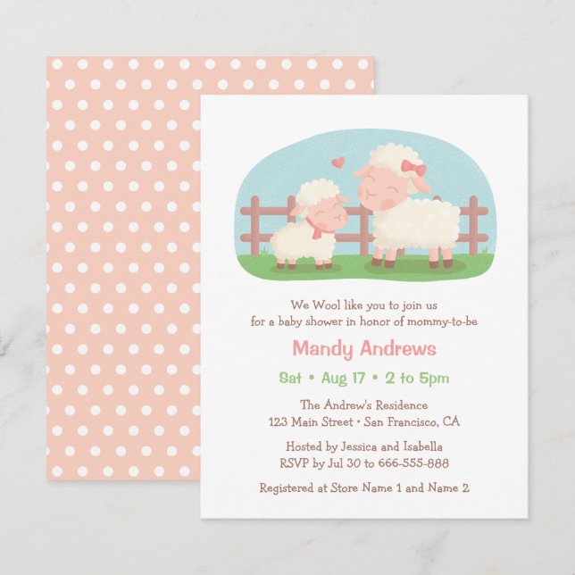 Invitación Ducha de Bebé de Corderito y Mamá Granja (Anverso / Reverso)