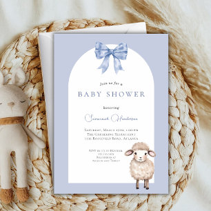 Invitación Ducha de bebé de cordero animal con lazo azul