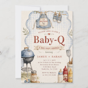 Invitación Ducha de bebé de cuadros azules rústicos Baby Q BB