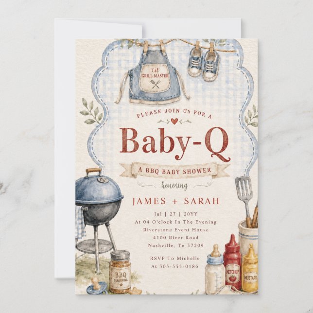Invitación Ducha de bebé de cuadros azules rústicos Baby Q BB (Anverso)