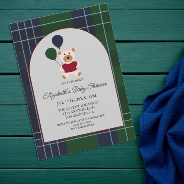 Invitación Ducha de bebé de cuadros con oso y globos (Subido por el creador)