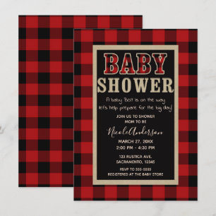 Invitación Ducha de bebé de cuadros de búfalo rojos y negros 