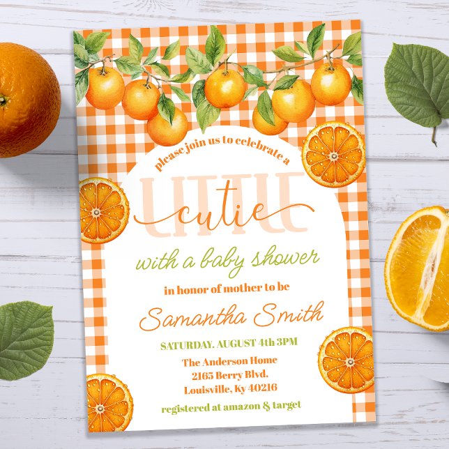 Invitación Ducha de bebé de cuadros de naranja y cítricos Lit (Subido por el creador)