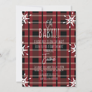 Invitación Ducha de bebé de cuadros de Navidad con copos de n