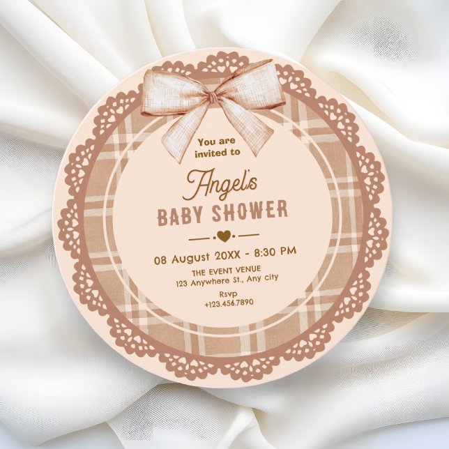 Invitación Ducha de bebé de cuadros marrón beige con lazo (Subido por el creador)