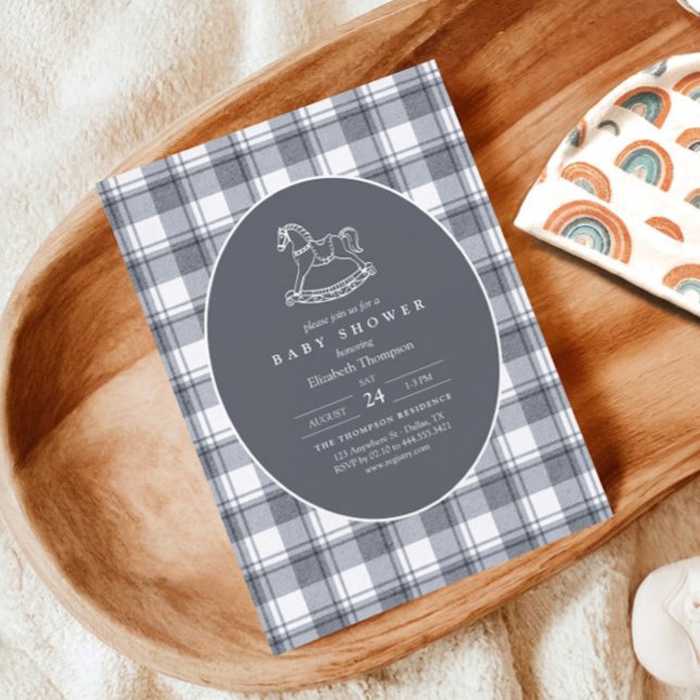 Invitación Ducha de bebé de cuadros prep con caballo mecedor  (Subido por el creador)
